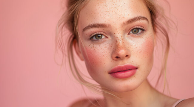 Headshot of a beautiful, sensual female fashion model with loosely coiffed cherry blond hair. Full lips and an immaculate freckled complexion. Skin care and cosmetics.