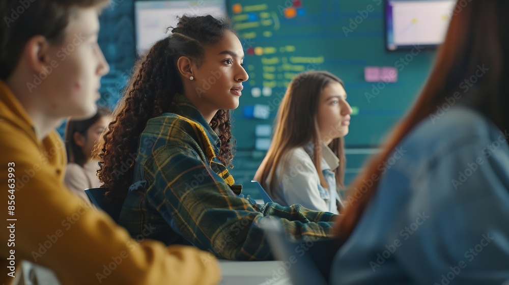 Poster Educator Giving Lesson to Diverse Multiethnic Group of Female and Male Students in College Room Class Learning About Computer Science and Software Development Lecturer Shares Knowledge : Generative AI