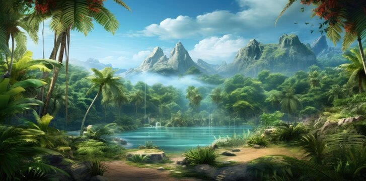 pc desktop background images for the jungle featuring a majestic mountain, serene blue water, and fluffy white clouds against a clear blue sky