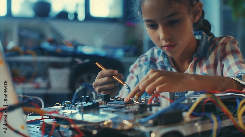 Poster skilled teacher teaching diverse students fixing car model by using wire and electronic equipment gi