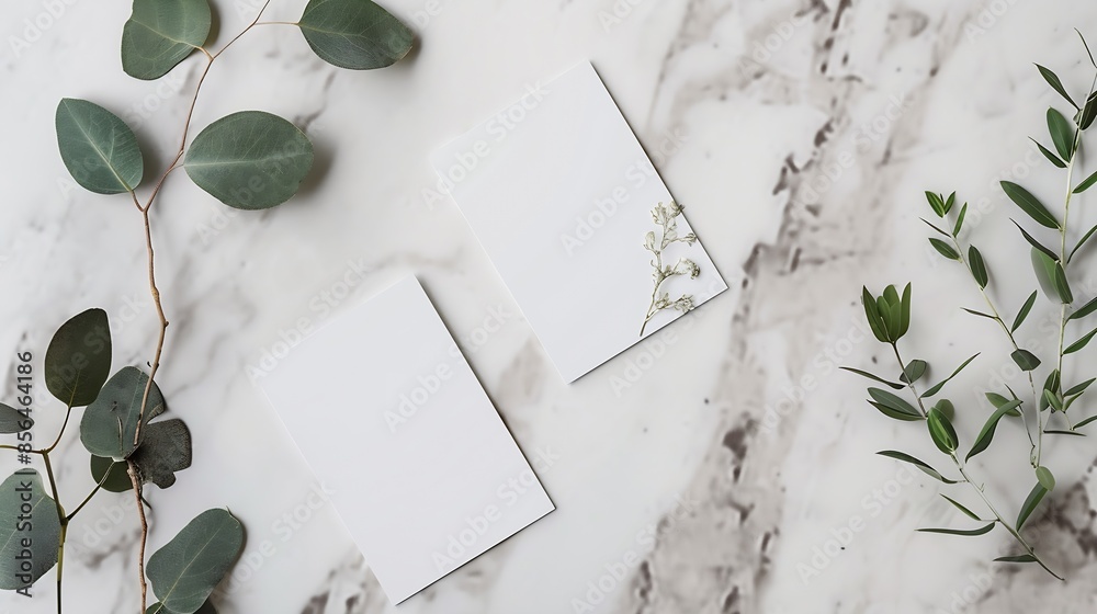 Poster flat lay two business cards mockup and natural elements for corporate presentation : generative ai