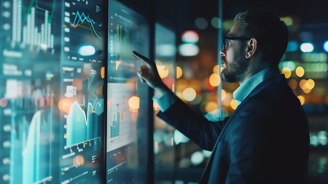Skilled male leader explain statistic graph to expert investors Smart businessman presenting shows financial plans expert to investors on glass wall at night office Business concept Tr : Generative AI