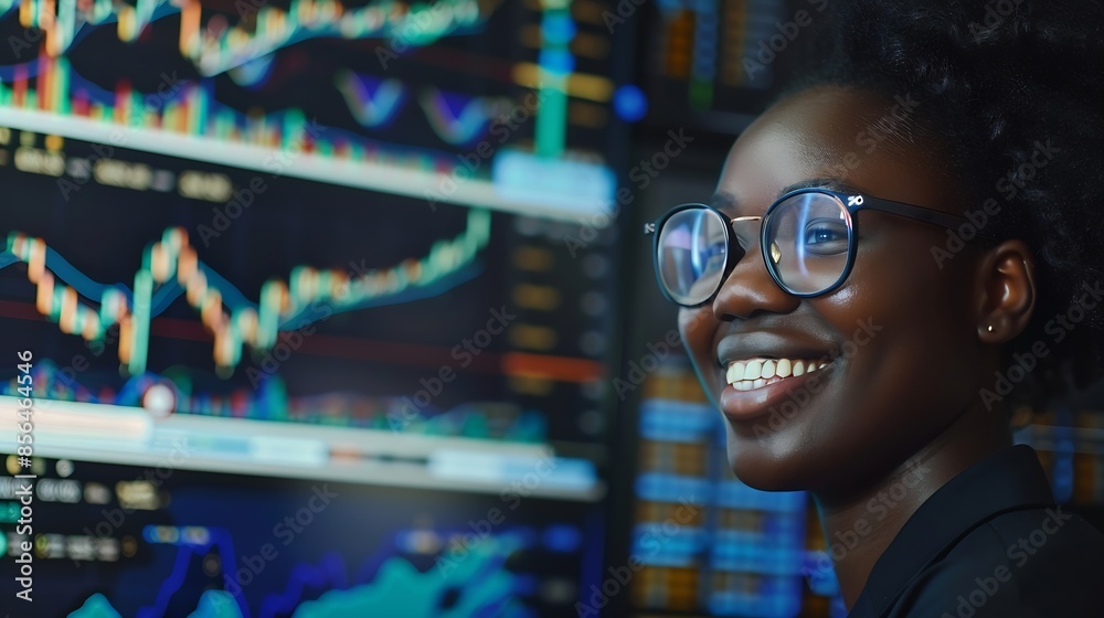 Poster young african woman trader smiling on happy face looking on screen with valued stock market chart at