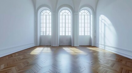 Fototapeta premium The interior of a small empty room in white with a parquet floor and three internal windows : Generative AI