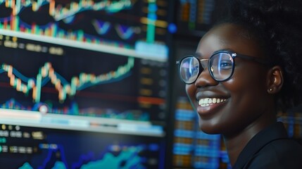 Young African woman trader smiling on happy face looking on screen with valued stock market chart at high profit Concept of exchange investment online in trading application on pc Tast : Generative AI