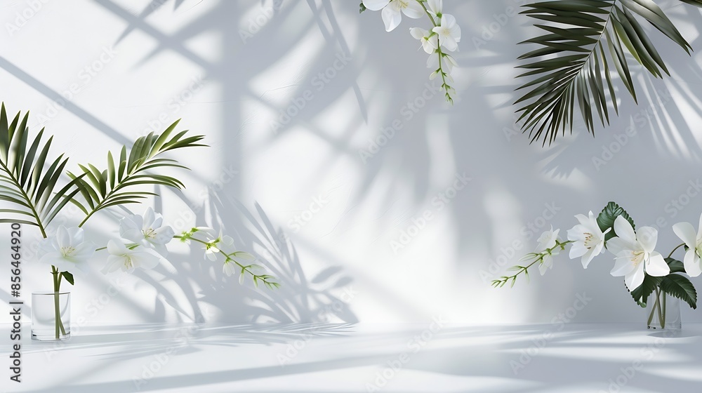Poster White table and abstract geometric wall background with flowers and palm leaves shadows overlay Abstract gray studio background for product presentation 3d room with copy space Summer  : Generative AI