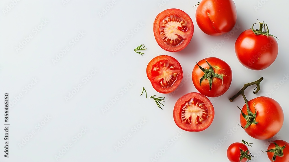 Poster top view of fresh tomatoes whole and half cut isolated on white background : generative ai