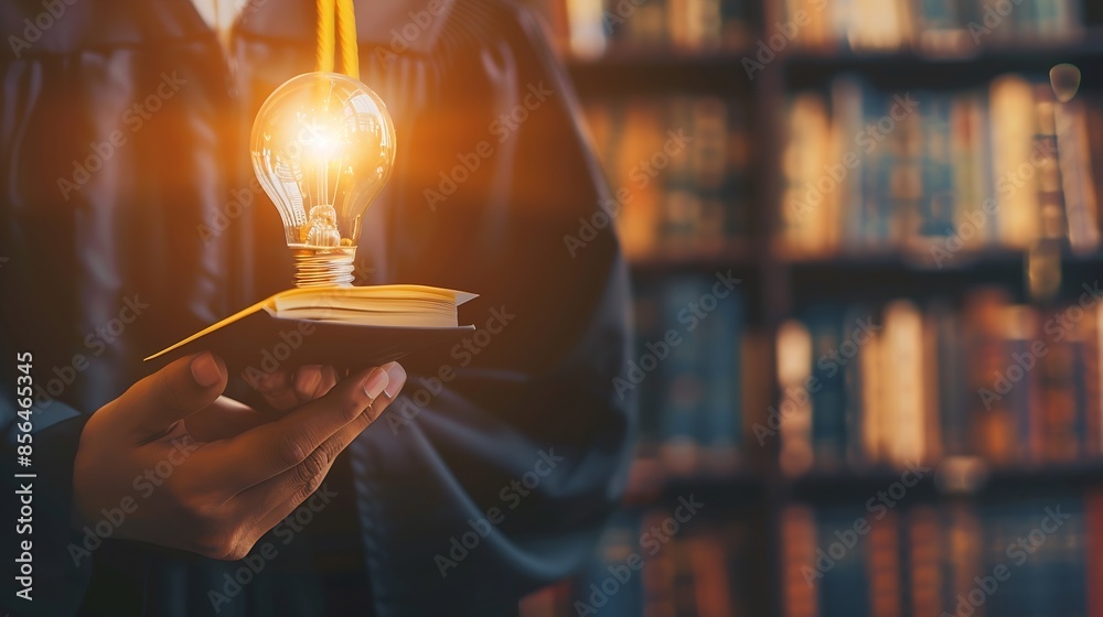Poster Man hand holding lightbulb with learning educate and graduation concept study knowledge to creative thinking idea and problem solving solution Elearning online education course degree  : Generative AI