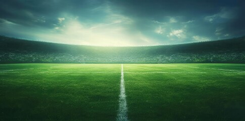 soccer field background with white lines and blue sky