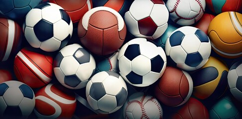 sport background featuring a variety of soccer balls, including white, red, blue, and yellow, arranged in a row from left to right