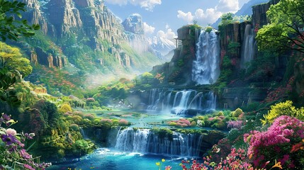 Fototapeta premium A Beautiful Paradise Land Full of Flowers, Rivers, and Waterfalls: A Blooming and Magical Idyllic Eden Garden