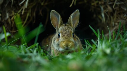 Obraz premium An underground burrow for rabbits with a small solarpowered light inside to guide them home after dark.