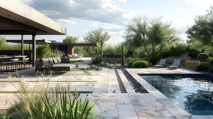 Fototapeta premium A desert landscaped backyard in Arizona featuring a travertine tiled pool deck and outdoor kitchen : Generative AI