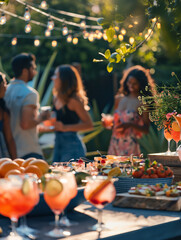 A festive summer cocktail party scene, with a group of diverse people enjoying various colorful cocktails