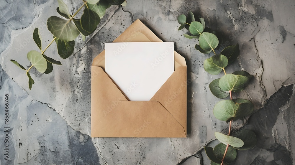 Poster envelope with greeting card mockup and eucalyptus plant on stone table rsvp wedding invitation card 