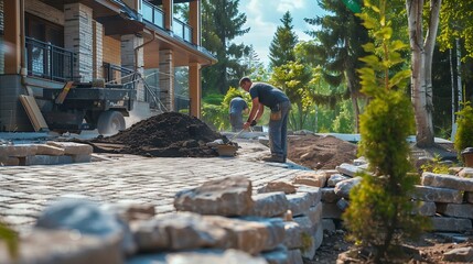 Landscaping company contractors working on interlock driveway project construction site and paving stone bricks Men working as team to design and construct large home landscape busines : Generative AI
