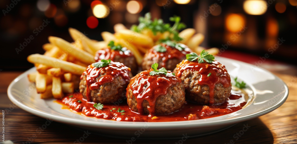 Wall mural Close-up shot of delicious meatballs with fries and savory tomato sauce - Generative AI