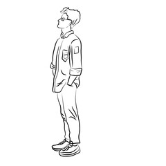 Raw sketch of a student with high school uniform black and white simple illustration. 