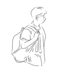Raw sketch of a boy on uniform high school with backpack black and white simple illustration.