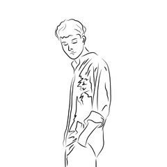 Raw sketch of a boy on pajamas black and white simple illustration.