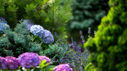 Fototapeta premium LowMaintenance Landscaping Hydrangea combined with conifers lavender and ornamental herbs in the garden : Generative AI
