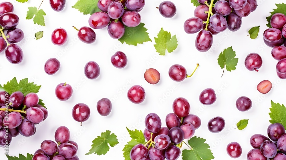 Aufkleber Red grapes with green leaves and half sliced isolated on white background Top view Flat lay Grape pattern texture background : Generative AI