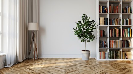 Fototapeta premium Empty living room white bookshelf vase of plant lamp home house concept brown parquet : Generative AI