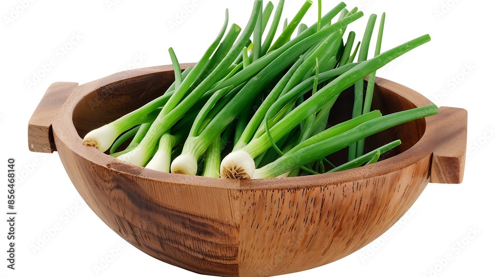 Poster green onion in wooden bowl isolated on the white background top view flat lay : generative ai