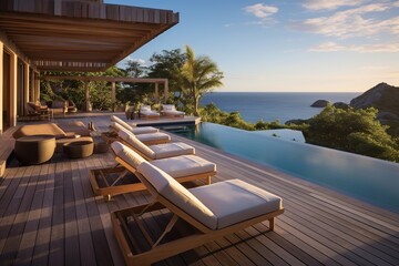 Fantastic villa on the water, terrace with wooden sun loungers at sunset. A luxury hotel with a swimming pool and stunning ocean views. A wonderful concept of a spa or wellness center