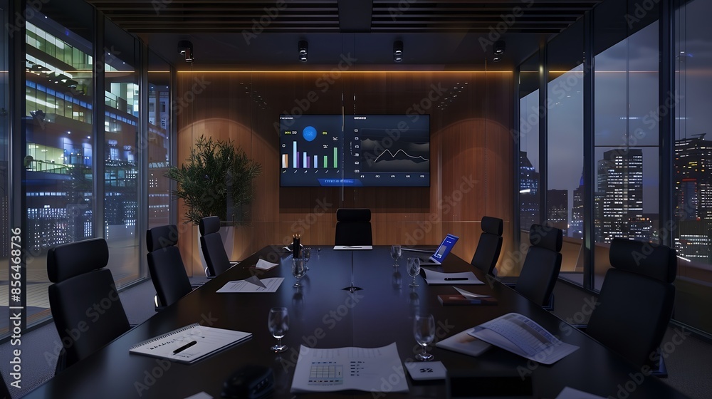 Aufkleber modern empty meeting room with big conference table with various documents and laptop on it wall tv 