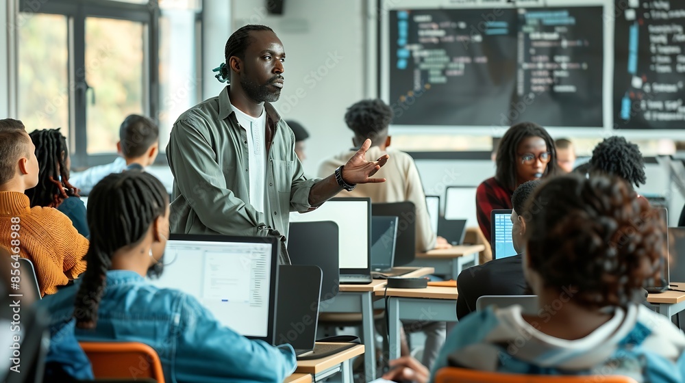 Aufkleber Knowledgeable Teacher Giving a Lecture About Software Engineering to a Group of Smart Diverse University Students International Undergraduates Sitting Behind Desks with Computers : Generative AI
