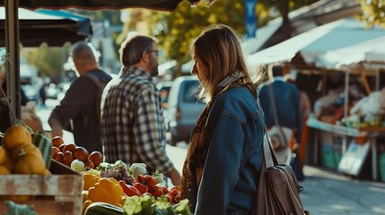 Man and woman at a farmers market Selective focus Food : Generative AI