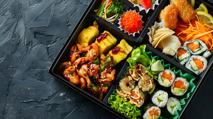 A delicious and colorful Japanese bento box filled with various sushi rolls, tempura, and other traditional Japanese dishes.