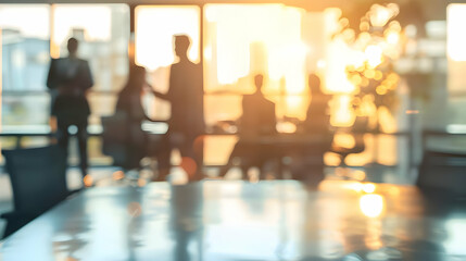 Silhouettes of business professionals in a meeting room, with a table and chairs in the foreground. The sun shines brightly through the windows, creating a warm glow.