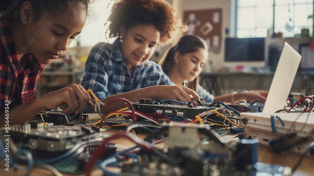 Poster skilled teacher teaching diverse students fixing car model by using wire and electronic equipment gi