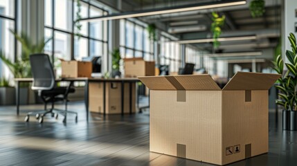 Modern Office with Cardboard Boxes and Greenery Highlighting Moving Day