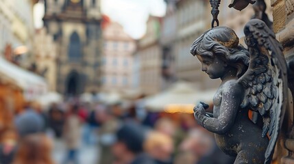 Statues Souvenirs in the form of an angel hanging on the background of Prague a blurry crowd of people : Generative AI