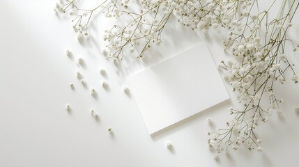 Wedding invitation or greeting card mockup with gypsophila plant twigs stylish top view mockup with copy space : Generative AI