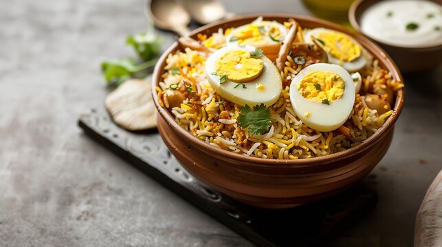 Indian Egg Biryani or anda rice served in kadhai or kadai with yogurt dip selective focus : Generative AI