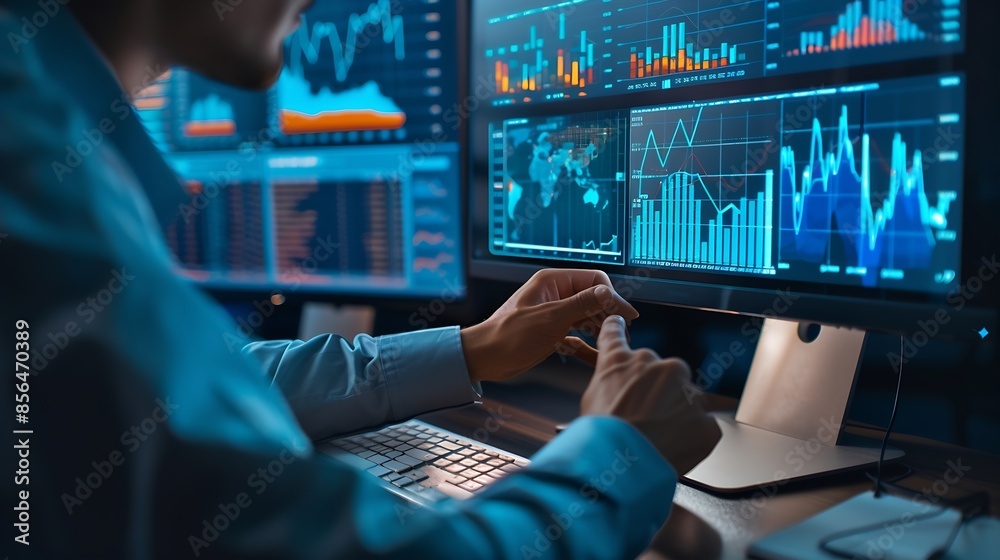 Poster Analyst working with computer in Business Analytics and Data Management System  with KPI and metrics connected to the database for technology finance operations sales marketing Data an : Generative AI