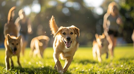 Defocused scene of happy pups and their enthusiastic trainers all working towards a common goal in a park.