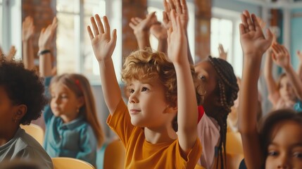 Fototapeta premium Group of kids raising hands during lesson in school Smart kids raising hands together : Generative AI