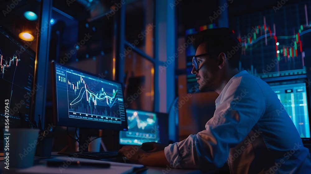 Poster Smart trader businessman concentrating on dynamic stock exchange investment on pc and laptop showing on screen with high profit in searching market at neon light office in dark room ni : Generative AI