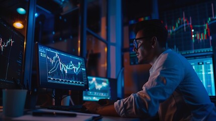 Smart trader businessman concentrating on dynamic stock exchange investment on pc and laptop showing on screen with high profit in searching market at neon light office in dark room ni : Generative AI