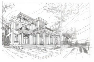 Fototapeta premium villa architecture outline hand sketch