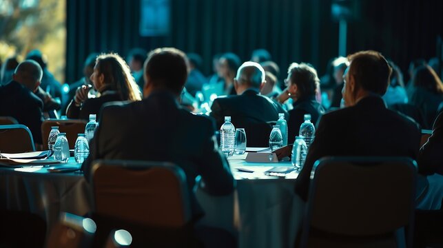 Round table discussion at business conference meeting event Audience at the conference hall Business and entrepreneurship symposium : Generative AI