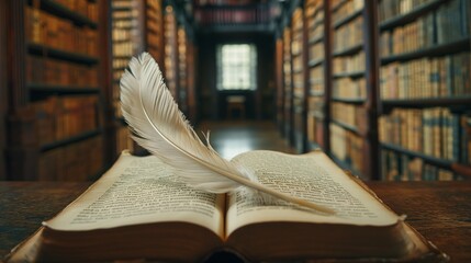 Ancient Library Scene: Open Book with Feather Quill on Wooden Desk