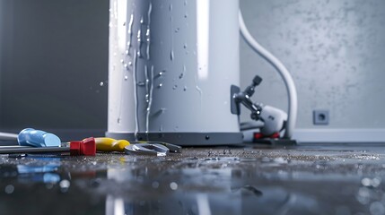 Water leaking from a residential electric water heater with a couple plumbers tools : Generative AI