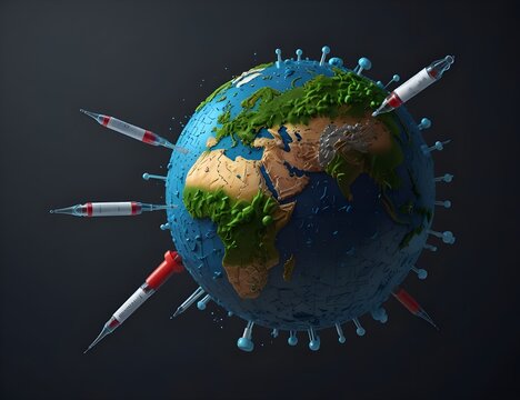 3D Rendering of earth and syringe concept of world herd immunity from covid 19 pandemic. 3D Render illustration minimal cartoon style.