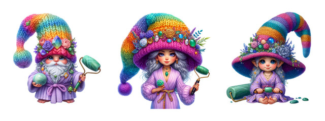 Fototapeta premium Three colorful gnomes with hats and long hair sit in a row. The gnomes are wearing colorful clothing and have a whimsical